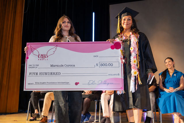 Ella Shahbazian presenting the Ella's Angels scholarship check to Maranda Corona.
